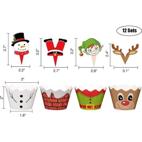 24PCS/Set Christmas Cupcake Toppers and Wrappers Party Supplies Snowman Santa Claus Reindeer Elf Xmas Decor Tools