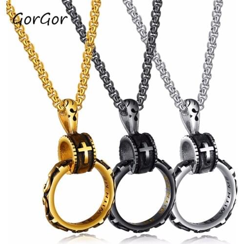 GorGor Fashion Religious Accessories Creative Christian Eternal Circle Mens Pendant Cross Titanium Steel Necklace 1382