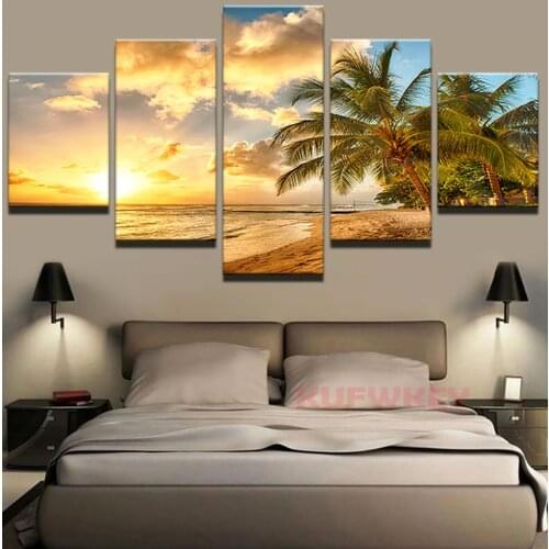 Full square round diamond painting 5 Panel Palm Trees Sea Sunset Landscape diamond embroidery mosaic diamond Home Decoration