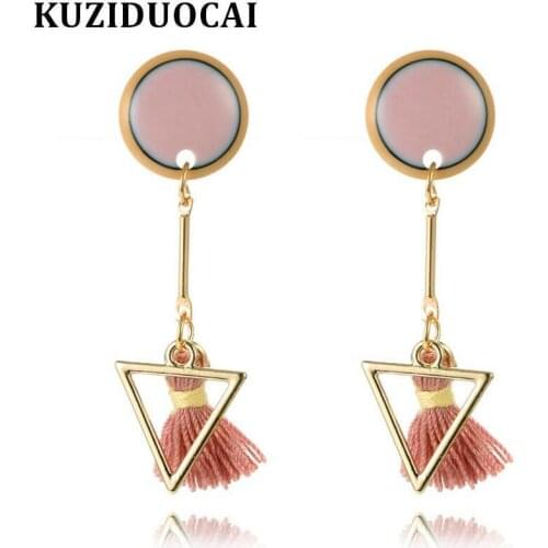 Kuziduocai New ! Fashion Fine Jewelry Gold Color Copper Alloy Metal Triangle Long Tassel Stud Earrings For Women Girl Gift E-558