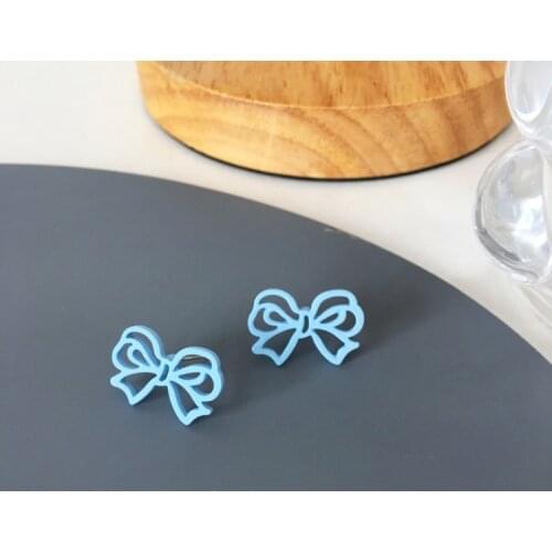 Girls Cute Bowknot Blue Stud Earrings Hollow Romantic Korean Earrings
