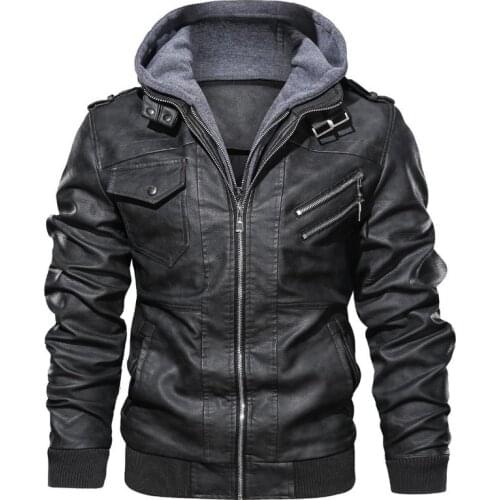Mens Faux Leather Stand collar Slim Fit Bomber Jacket Biker Detachable Hooded Zipper Big Size S-4XL Piolt