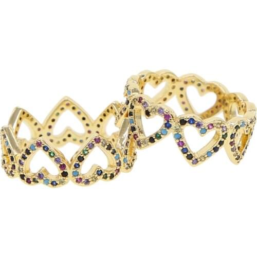 New arrival gold filled finger rings rainbow colorful cz paved heart shape lovely cz band wedding ring for women lady jewelry