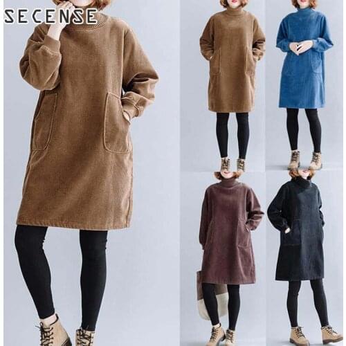 S1sense 2020 New Fashion Women Midi Dress Oversized Long Vintage Pockets Lady Dress Plus Size Autumn Winter