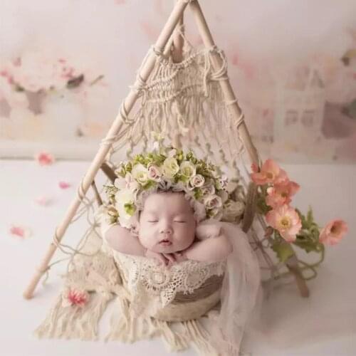 Newborn photography props baby shooting tent theme boho beige lace prop flower hat infant