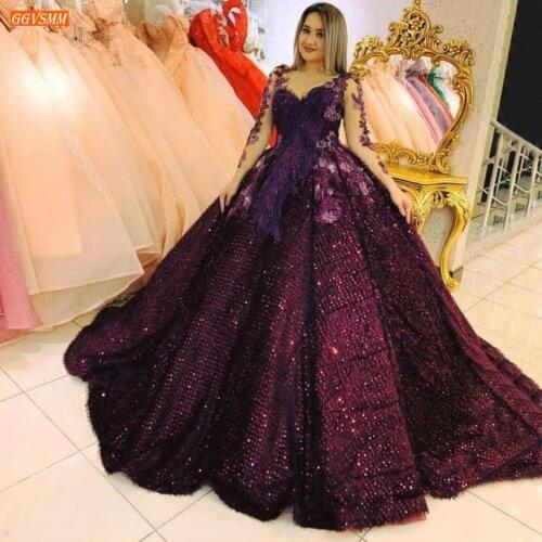Luxury Burgundy Evening Gowns Long Sleeves Sequined Ball Gown Sexy Women Party Dresses Formal Custom Made 2020 Vestido De Festa