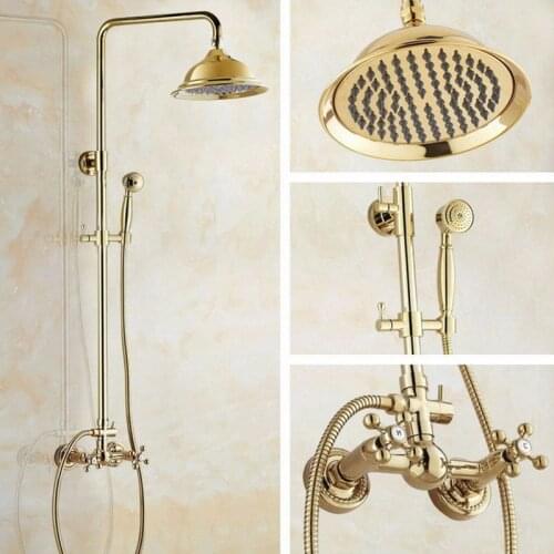 Shower Faucets Gold Brass Bathroom Shower Mixer Tap Faucet Set Rain Shower Head Round Wall Mounted agf323