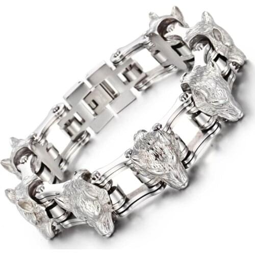 Heavy 156g 8.26'' European and American fashion Motorcycle chain stainless steel biker Gothic wolf Cuff bangle braceletl