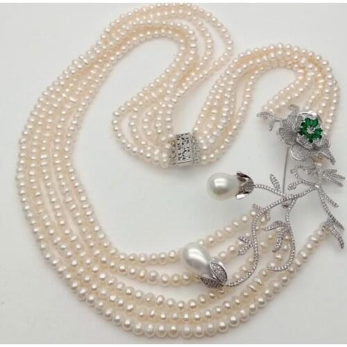 YYGEM 23'' 5 Strands 4-5MM Cultured White Round Freshwater Pearl chokers Necklace Pave flower connector luxury wedding