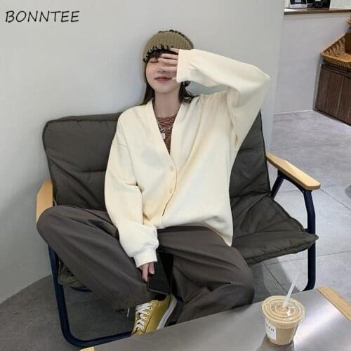 Sweatshirt Women Leisure Loose Fashion All-match Elegant Single Breasted V-neck Solid College BF Female Korean Style Cozy Simple