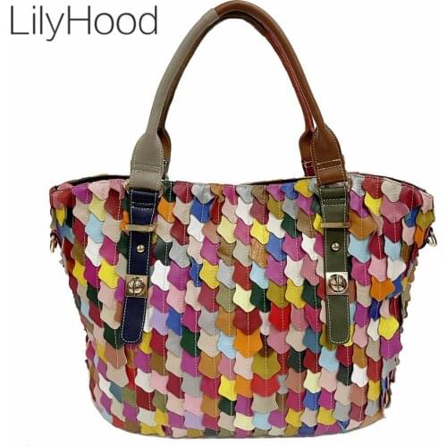 Women Cow Leather Multi-color Big Capacity Top-handle Tote Bag Lady Casual Fashion High Quality Genuine Leather Messenger Bag