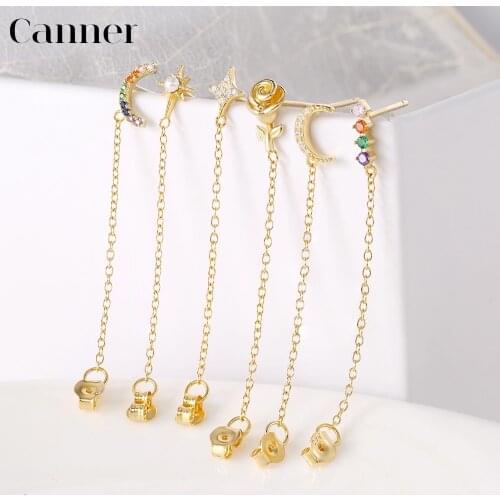 Real 100% 925 Sterling Silver Rainbow Moon Star Stud Earrings for Women Crystal Zircon Chain Earring Gold Silver Ear Jewelry