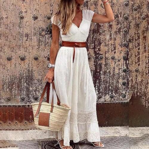 Womens Boho White Long Dress V-Neck Lace Patchwork Solid Casual Robe Female Summer Nice Sweet Stylish Elegant Dresses Plus Size