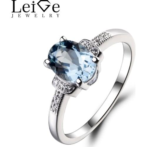 Leige Jewelry Natural Aquamarine 925 Sterling Silver Ring Oval Cut Gemstone March Birthstone Promise Engagement Rings for Women