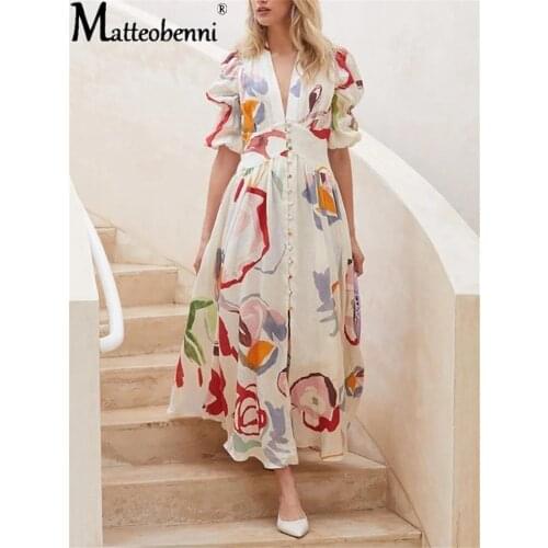 Sweet Girls V-Neck Puffy Sleeve Shirt Dress Autumn Lady Single-breasted Split Fashion Beach Style Chiffon Ankle-length Dresses