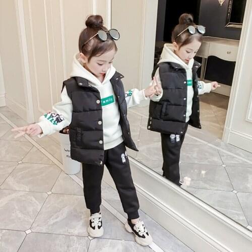 Winter Thicken Warm Kids Girls Clothes 3 Piece Sets Down Vests+Hooded Printed Sweatshirts+Trousers Casual Children Outfits 4-13T