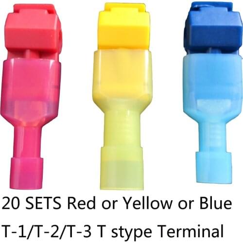 20PCS/10SETS Blue/Red/Yellow Type Quick Splice Crimp Terminal Wire Convenient Connector For 1.2-2.5mm Line FreeShipping T1 T2 T3