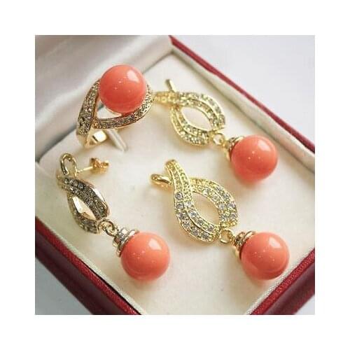 Nobility Lucky women AAA 12mm Pink Shell Pearl Pendant Necklace Earrings Ring Set