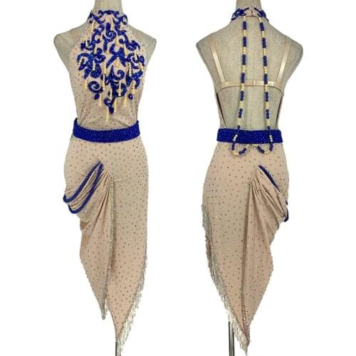 Sparkling Diamond Latin Dance Dress Women Sexy Backless Competition Costume Sleeveless Irregular Salsa Dress Prom Wear BL6597