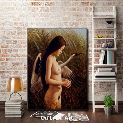 Chinese figures classic girl nude art swan scenery oil paintings canvas printing printed on canvas wall art decoration picture