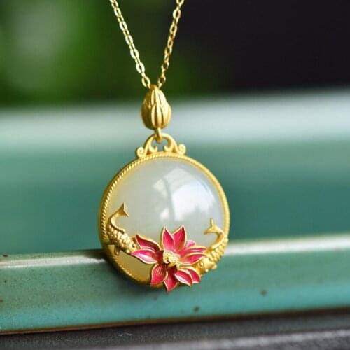 KOFSAC Fashion Chinese Style Classical Carp Lotus Flower White Jade Pendant Necklaces For Women Jewelry Lady Anniversary Gifts