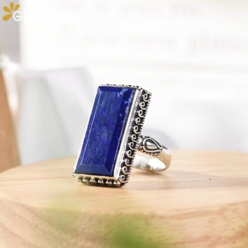 GEEZENCA Vintage Luxury 925 Silver Square Lapis Lazuli Rings For Women Minimalism Simple Natural Stone Wide Ring High Quality