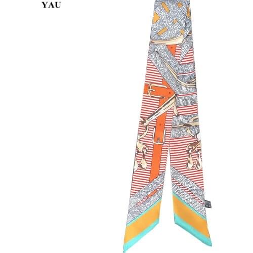 Hot Selling 95cm*5cm Stripe Belt Printed Small Scarf Women Twill Silk Scarf Headband Long Scarves Bag Accessories Ribbon