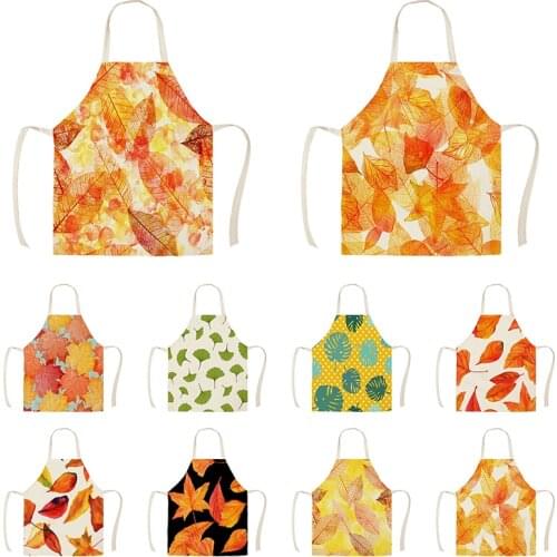 Linen Orange and Green Maple Leaves Print Kitchen Aprons Unisex Dinner Party Cooking Bib Funny Pinafore Cleaning Apron