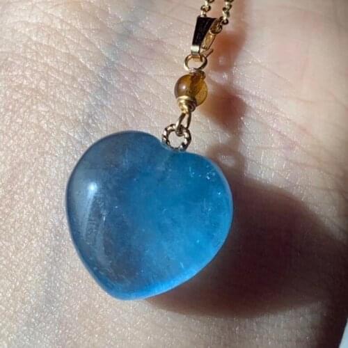 Natural Blue Aquamarine Women Man Clear Heart Love Pendant 16.6*16*8mm 14K Gold Gift Ice Pearl Bads Necklace Certifiate