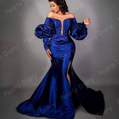 2021 Newest Dubai Design Evening Dresses Off Shoulder Mermaid Long Sleeves Custom Made Side Split Beaded Formal Prom Party Gowns