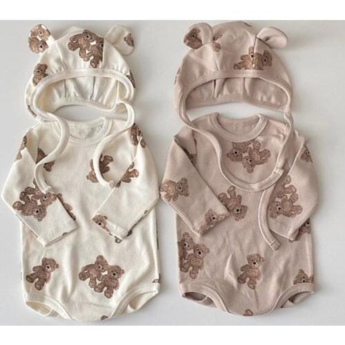 2021 Autumn Korean Style Newborn Baby Cartoon Printed Boyduits with Hats Long Sleeve Infants Clothes Toddlers Kids Jumpsuits