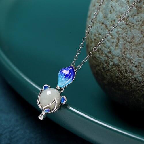 Fashion Small Fresh S925 Silver Accessories Womens Burning Blue Hetian Jade Fox Necklace