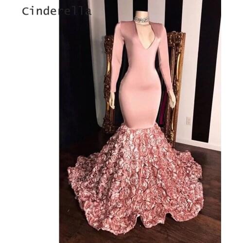 Cinderella Pink Long Sleeves V-Neck Flower Fabric Evening Dresses Flower Silk Satin Mermaid Cocktail Party Prom Dresses