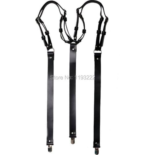 Handmade Mens Real Leather Belted Harness Black Body Shoulder Straps Suspenders Pants Shorts Garter Belt with Metal Clips