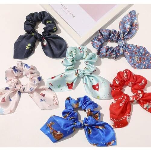 Santa Claus Print Hair Ties Christmas Hair Scrunchies Rabbit Ears Hair Ring Elastic Hair Rope Xmas Hair Accessories Streamers