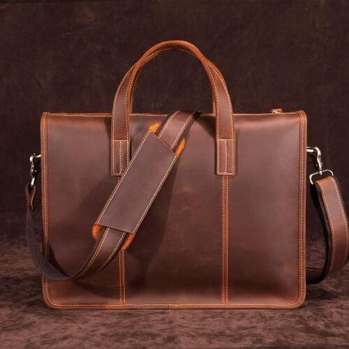 Luxury Crazy Horse Leather Men HandBag Vintage Genuine Leather Briefcase