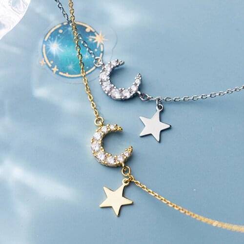925 Sterling Silver Tassel Star Moon Charm Pendant Choker Necklace For Women Fine Jewelry dz824