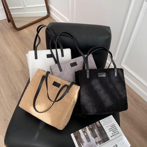 Youth Ladies Simple Versatile Bag Female Large Capacity Totes Portable Hit Color Fleece Shoulder Bag Daily Handbag