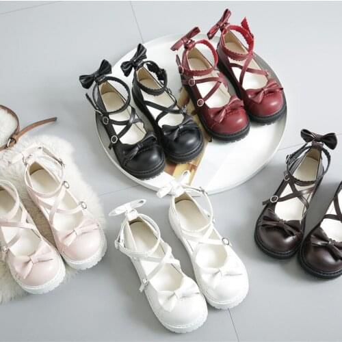 Japanese Lolita thick bottom flat platform shoes womens shoes cute bow round head doll shoes soft sister leather shoes cos