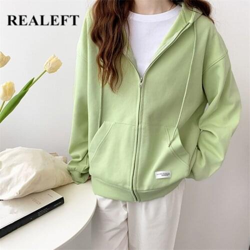 REALEFT Autumn Winter Womens Loose Hooded Shirts 2021 New Solid Long Sleeve Zipper Cardigan Tops Pockets Casual Outwear Girls