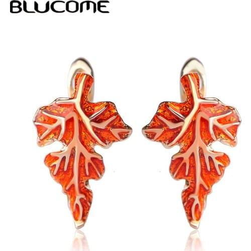Blucome Small Copper Pins Stud Earring Valentines Day Gift Red Enamel Maple Leaf Earrings For Women Girls Wedding Party Jewelry