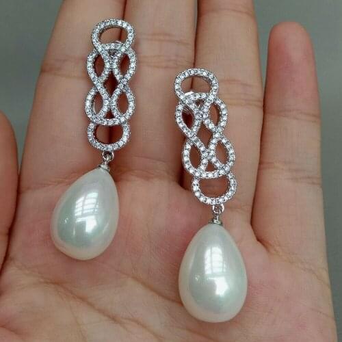 Woman 12x15mm white shell teardrop pearl micro inlay zircon accessories earrings luxury