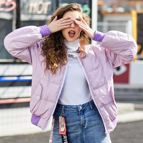 Female Winter New Stand Collar Warm Down Jacket Women Fashion Violet Cartoon Print Parka Plus Size Loose Long Sleeve Coat Z455