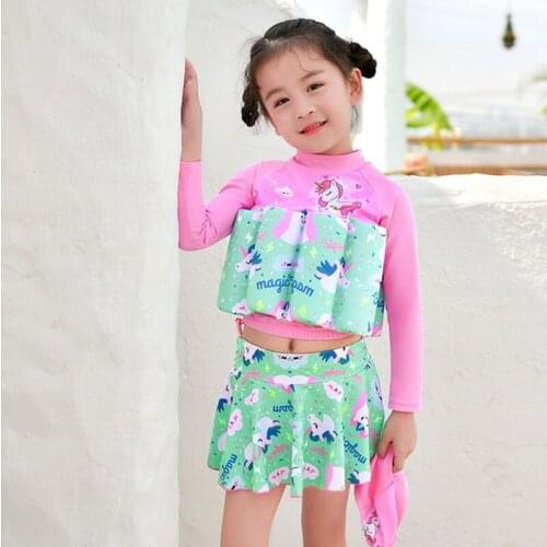 2021 Baby Girls Swimwear with Buoyancy Swimsuit Built-in Buoyancy Safe Sport Suit with Hat Two-piece Sets Top + Skirts Bikini