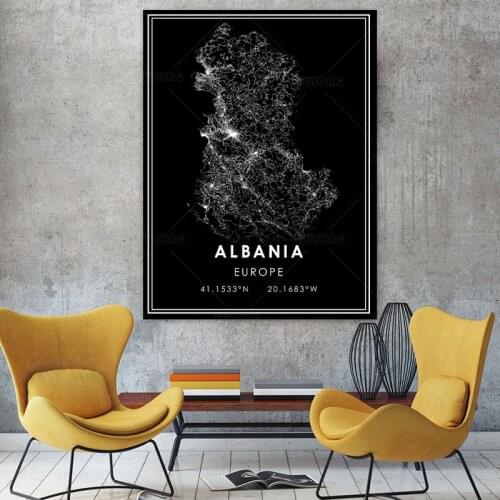 ALBANIA Map Print Abstract Style Canvas Paintings Black and White Wall Art Picture Modern for Living Home Decoration STJK10