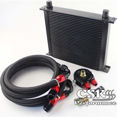 AN10 34Row 248mm Universal Engine Transmission Oil Cooler British Type + Aluminum Filter Hose End Kit Blue/Black