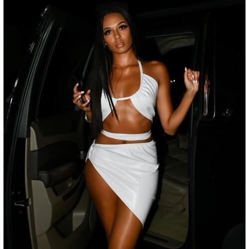 Bangniweigou faux leather bandage dress set women sexy night club chest wrap up halter top with hollow mini skirt two piece sets