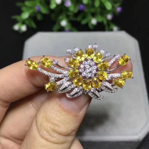 Natural And Real Yellow Sapphire brooch Free shipping Sapphire 925 sterling silver brooch