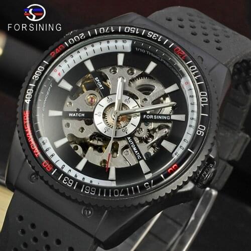 Forsining 2019 Rotating Bezel Sport Design Silicone Band Men Watches Top Brand Luxury Automatic Black Fashion Casual Watch Clock