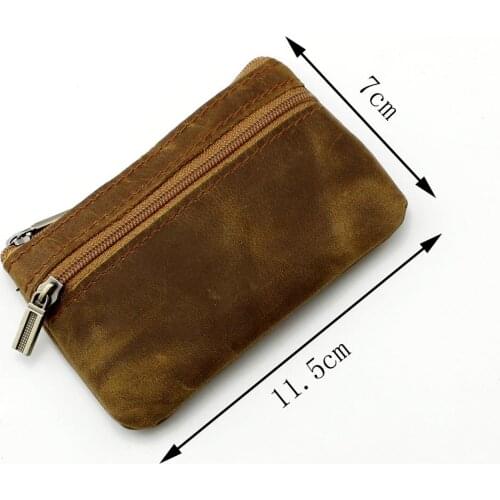 Small Vintage Retro Men Women Natural Leather Coin Purse Key Wallet Holder Cow Hide Men Small Purse Money Bag Zip Brown